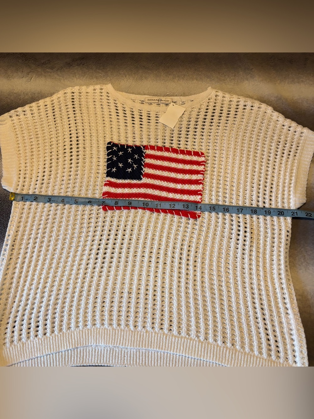 Zenana Boutique American Flag Open Weave Crochet Cap Sleeve Sweater Size M - Picture 10 of 10